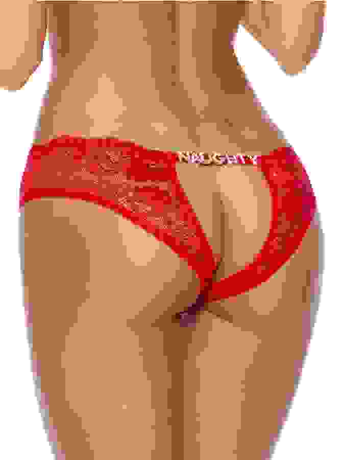 Escante Red Lace Open Back Jewelled Naughty Knicker, Red, hi-res